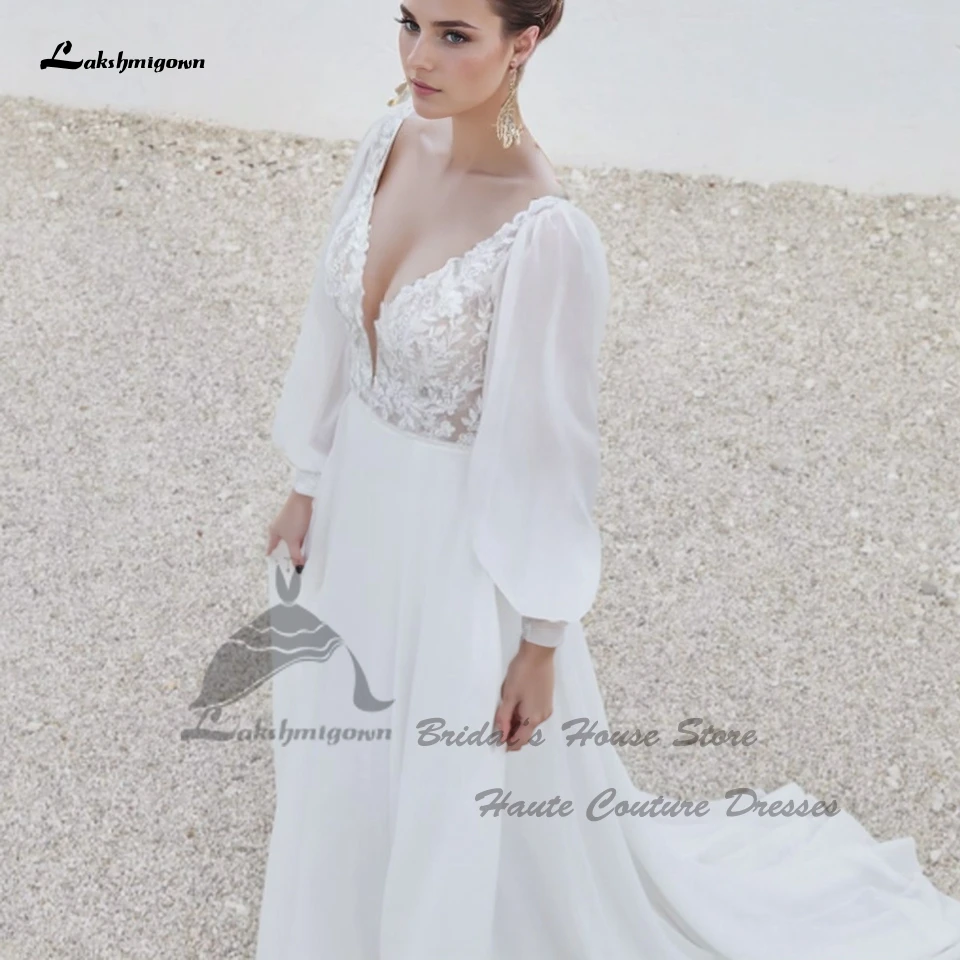 Lakshmigown Voluminöse Langarm-Strandhochzeitskleider 2026 V-Ausschnitt Sexy Chiffon Boho Brautkleider Maßanfertigung – Detail 6
