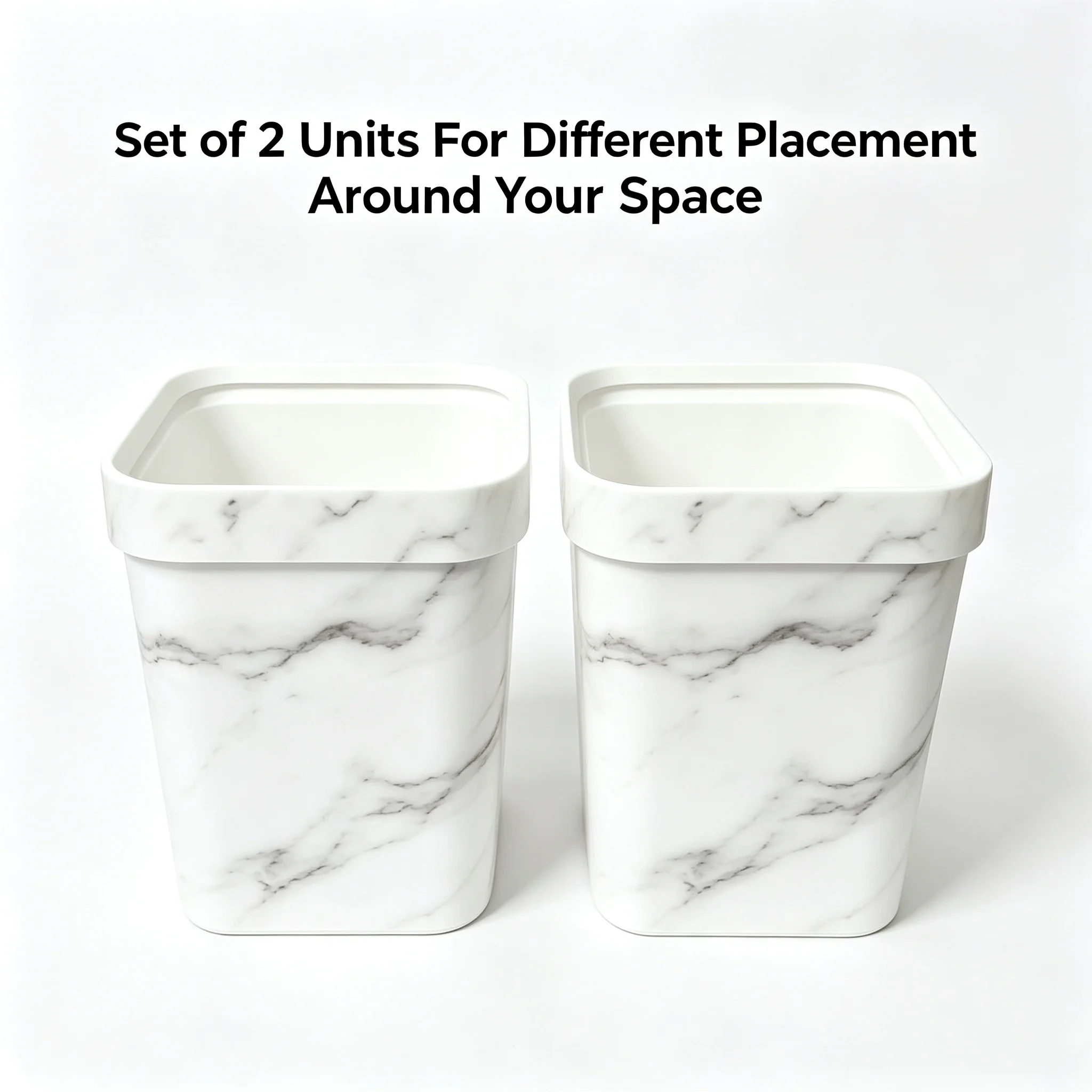 Small Decorative Square Trash Can Set of 2,7L Marble Print Waste Bin, Black & White Marble Two Colors Option