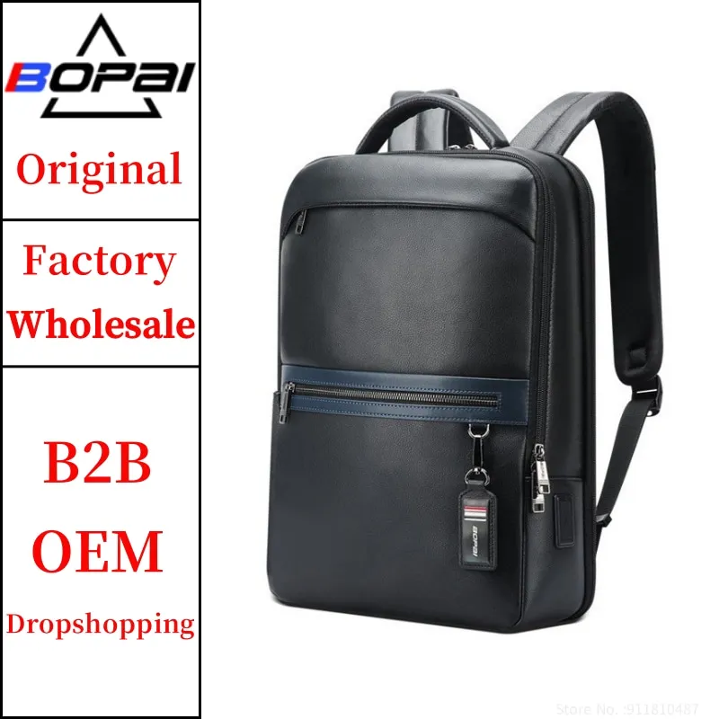 BOPAI Wholesale High Quality Men Business Customize Charging Anti Theft With Usb Port Smart Travel Genuine Cowhide Black Leather