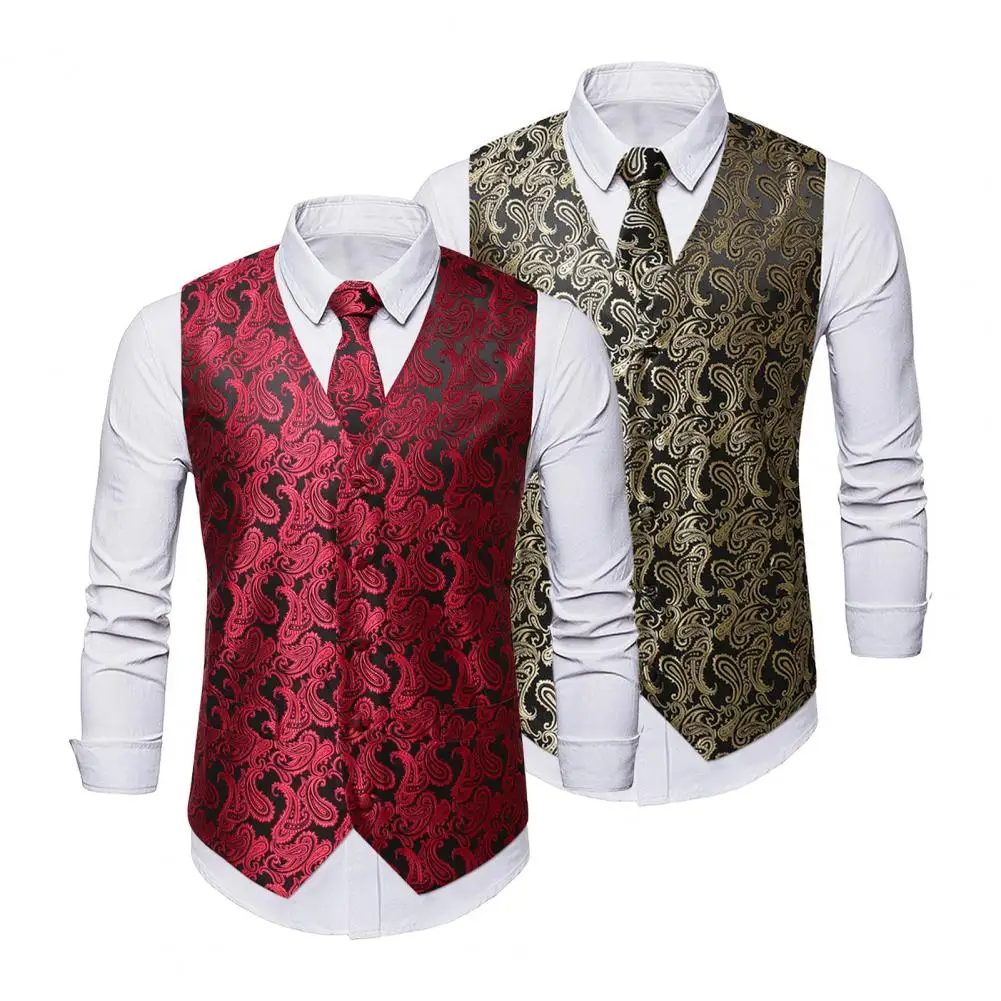 

Wedding Vest Coat Set Stylish Men's Cashew Nut Print Waistcoat Set with Business Tie Kerchief V-neck Single Breasted for Men