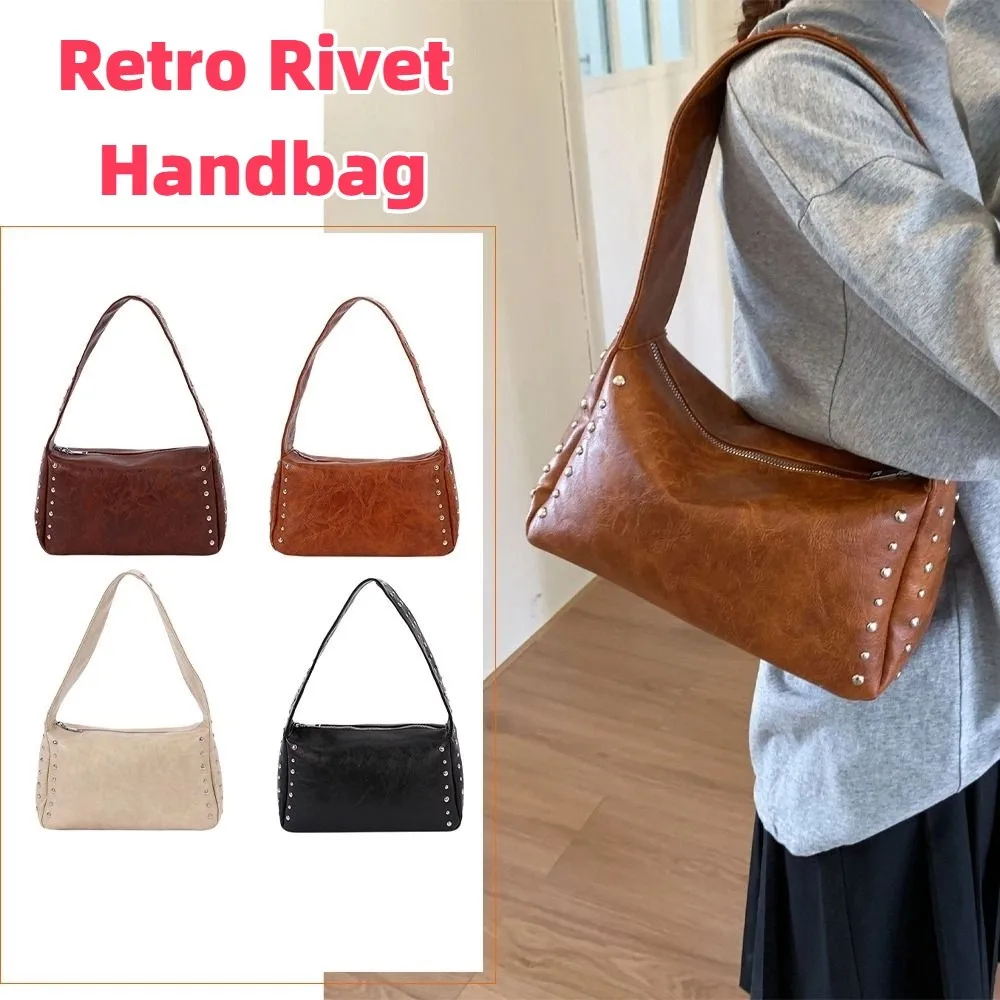 

Fashion Spicy Girl Style Retro Rivet Handbag French Leisure Pillow Underarm Bag Solid Color Punk Commuting Shoulder Bag Women