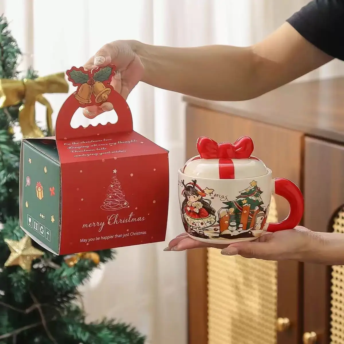 Christmas bow with lid ceramic mug cute cartoon water cup holiday gift cup gift box set