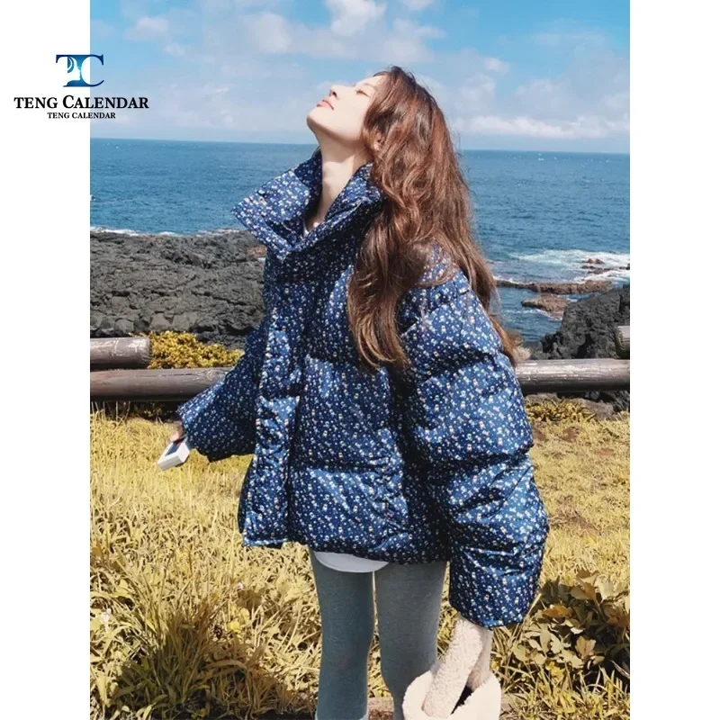 Floral short down jacket, short Korean style white duck down thick bread jacket trendy for women in winter 2025