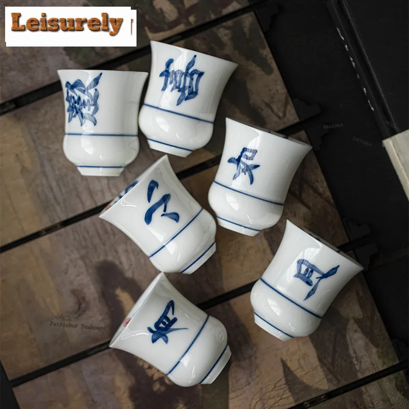 HOYIHM 2pc/lot Handwritten Blue And White Calligraphy Master Cup Jade Clay White Porcelain Tea Cup Smelling Fragrant Mug Teaset