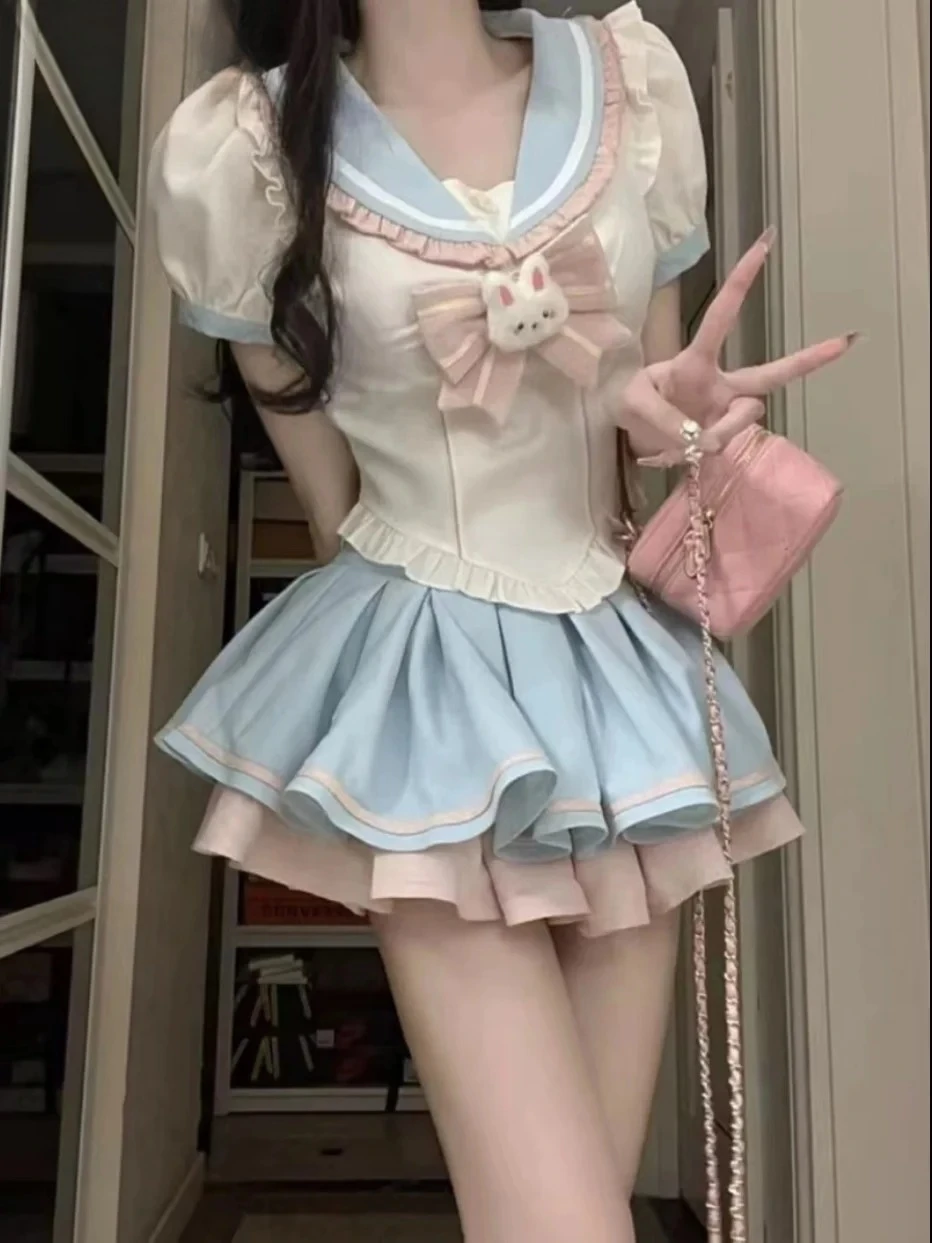 

Ruffle Edge Bow Navy Collar Shirt High Waist Puffy Short Skirt Suit Fashion JK Uniform Girl Sweet Cute Women's Two Piece Set