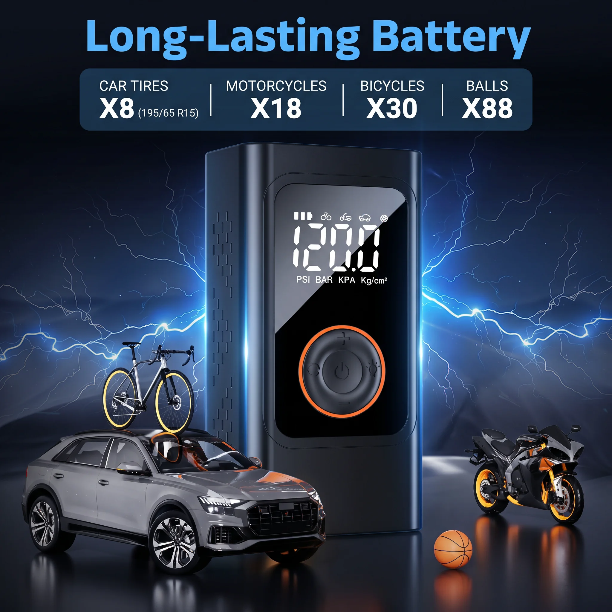 Cordless Portable Tire Inflator, Rechargeable Air Compressor with Digital Gauge, Auto Shut-Off for Car, Bike, Motorcycle, Balls