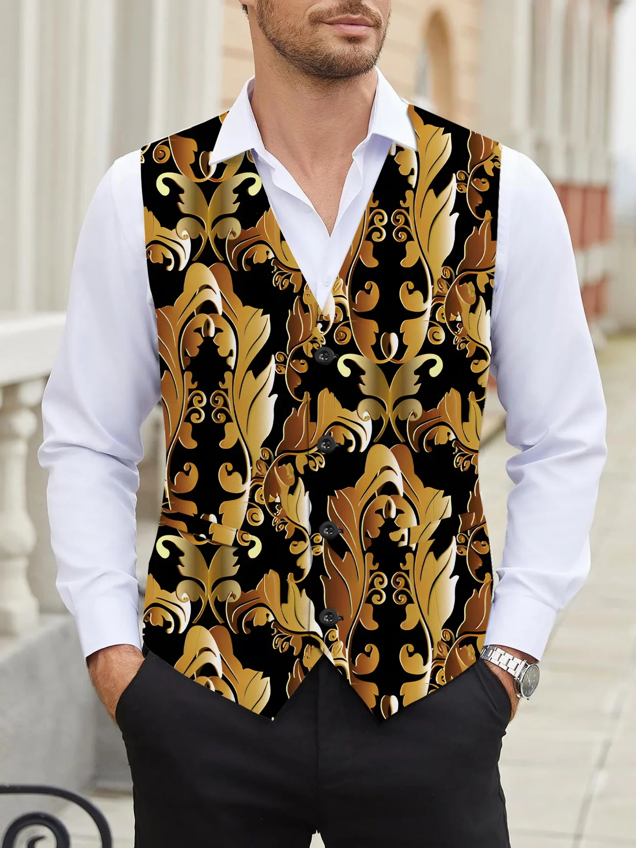 New Black Gold Baroque Flower 3D Printed Men's Single Shirt Business Dress Single Breasted 1-piece Top