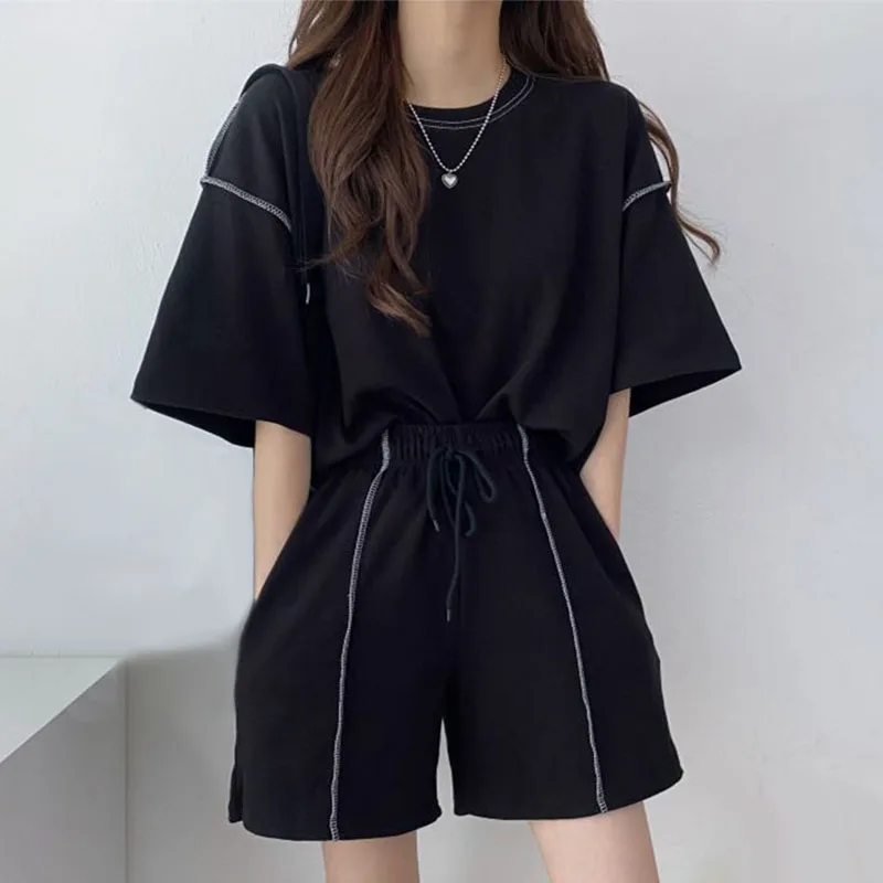 Summer Clothing For Women T-shirts+Wide Leg Shorts Two Piece Sets Ladies Casual Outifits Korean Fashion Solid Color Tracksuit