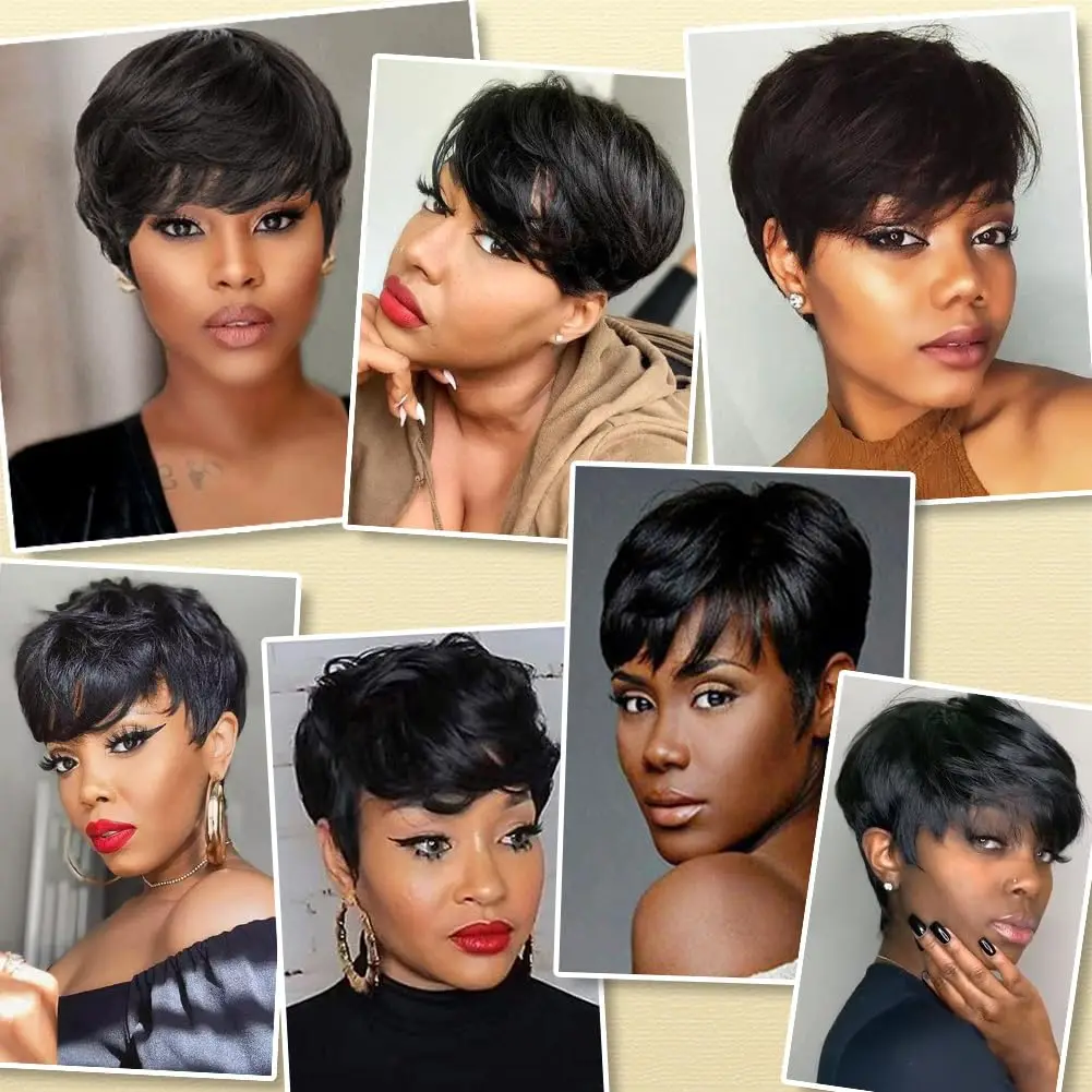 Короткий прямой парик с стрижкой пикси Бразильские парики из натуральных волос с предварительно выщипанной челкой для женщин Машинное производство 100% человеческие волосы Ежедневное использование