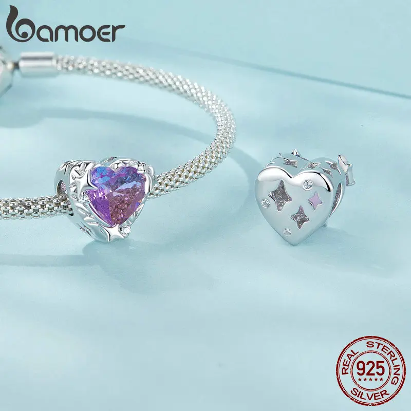 BAMOER 925 Sterling Silver Gradient Purple-pink Heart Charm Pendant fit Bracelet & Bangle DIY Jewelry Accessories Silver Bead