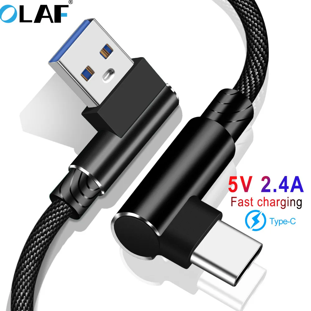 OLAF USB tipo C 2.4A Cable USB de cargador rápido Cable USB tipo C de 90 grados para Samsung Sony Xiaomi Galaxy A70s Cable de datos USB-C de teléfono