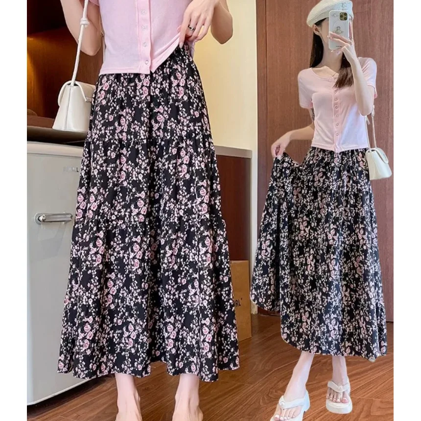 Pink Floral Skirt Women's Summer New Thin Hips Versatile A-shaped Skirt Student High Waist Long Skirt