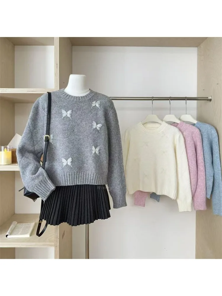 

Korobov French Sweet O Neck Long Sleeve Solid Appliques All Match Casual Loose Sweater Women Jumpers