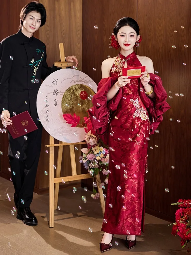 Engagement dress toasting morning robe bride's wedding red new Chinese-style cheongsam