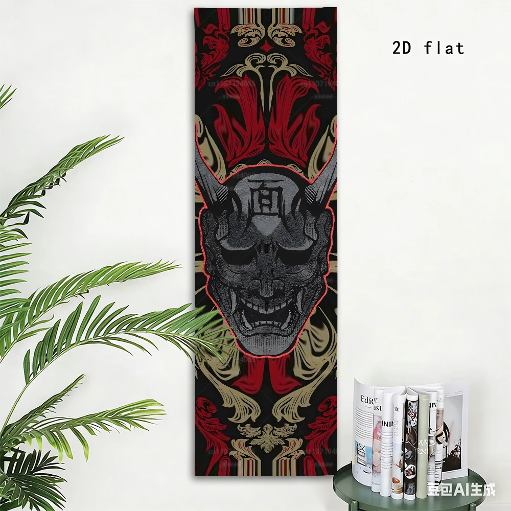 Dark Style Japanese Hannya Oni Mask Vertical Tapestry, Retro Ornamental Pattern Wall Hanging, Oriental Demon Mask Wall Art for