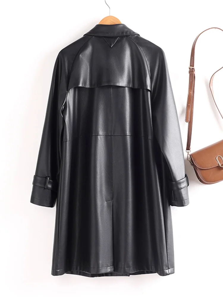 New Women Split Leather Coat Spring Autumn Fashion Chic Design Medium Long  Loose Leathers Trench Casual Female Outerwear
