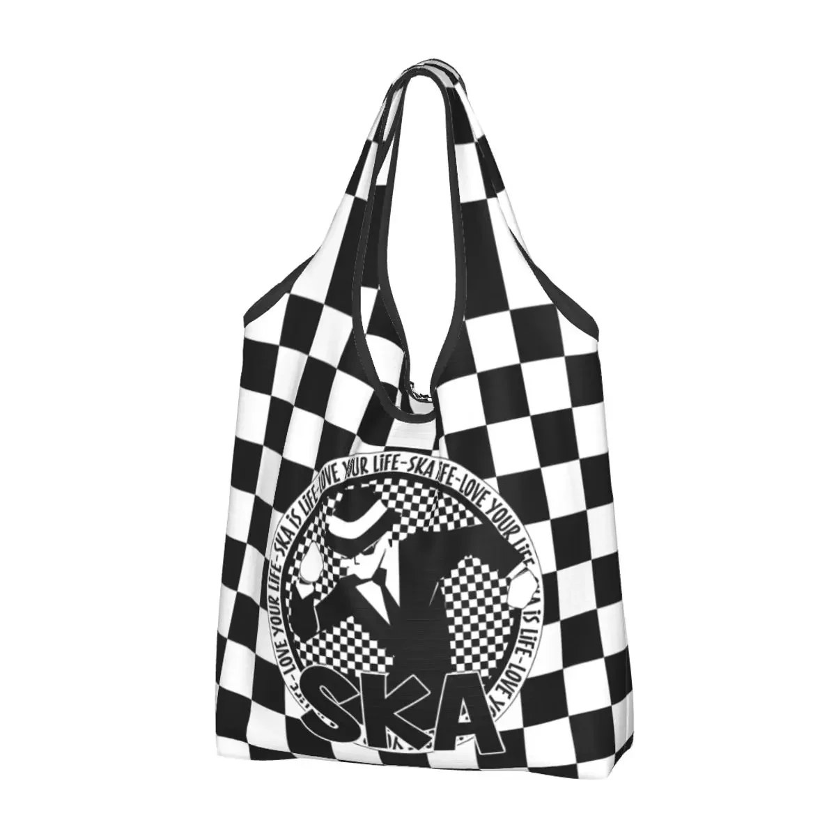 2 Tone Ska Checkerboard Grocery Bags Durable Large Reusable Foldable Two Tone Music Ska-rock Check Rocksteady Shopping Tote Bag