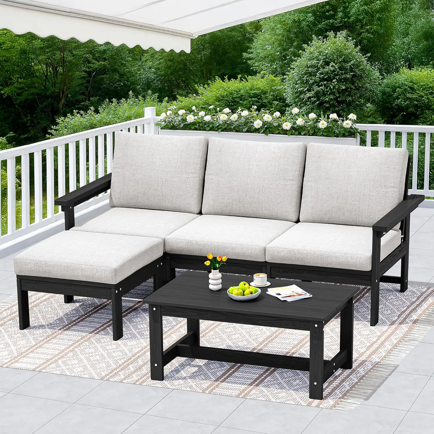 

5pc Modular Outdoor Sectional Sofa Ottoman All Weather Wicker Patio Chaise Lounge Deck Lawn Black Frame Khaki Cushion, Custom