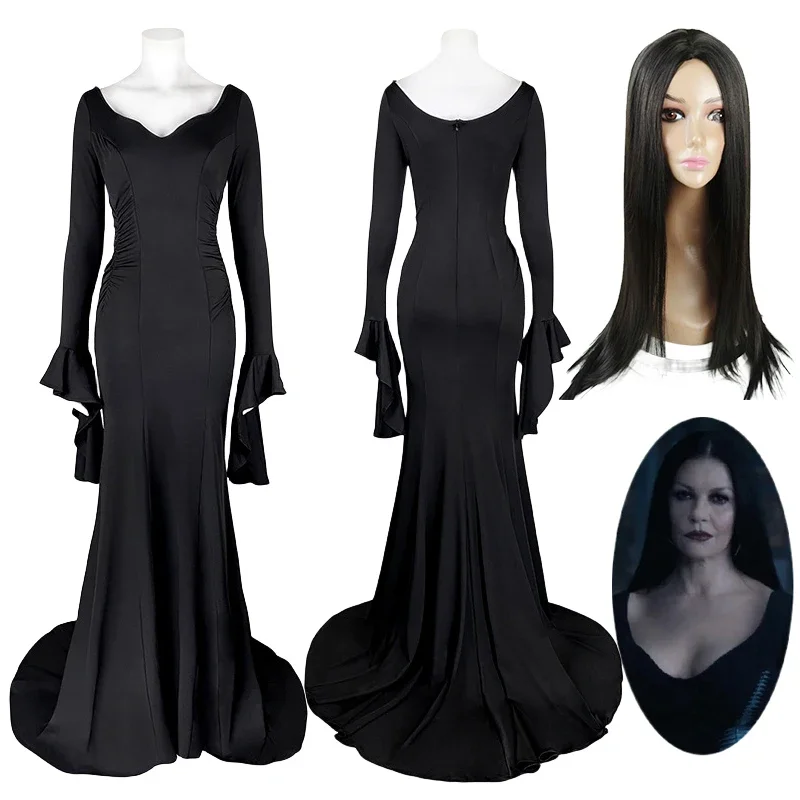 Wednesday Addams Cosplay Costume Dress Morticia Black Sexy Up Slim Party Evening Dress Disfraz Halloween Witch Dresses Women