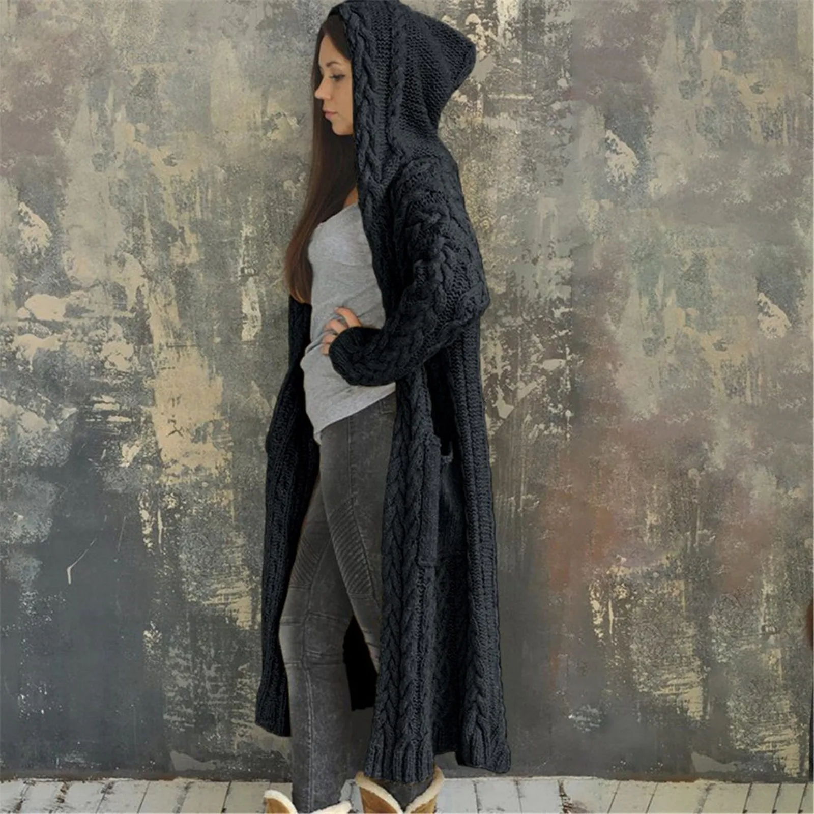 Autumn And Winter 2024 Casual Solid Color Cardigan Women Hooded Long Knitted Coats Female Oversized Big Size Overcoats Outwear