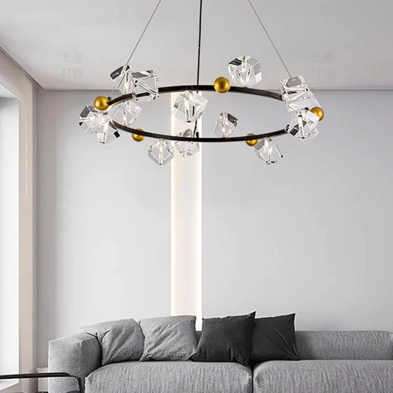 Modern Creative Square Crystal Pendant Light Suitable for Restaurant Board Living Room Chandelier Indoor Lighting Hanging Lamps