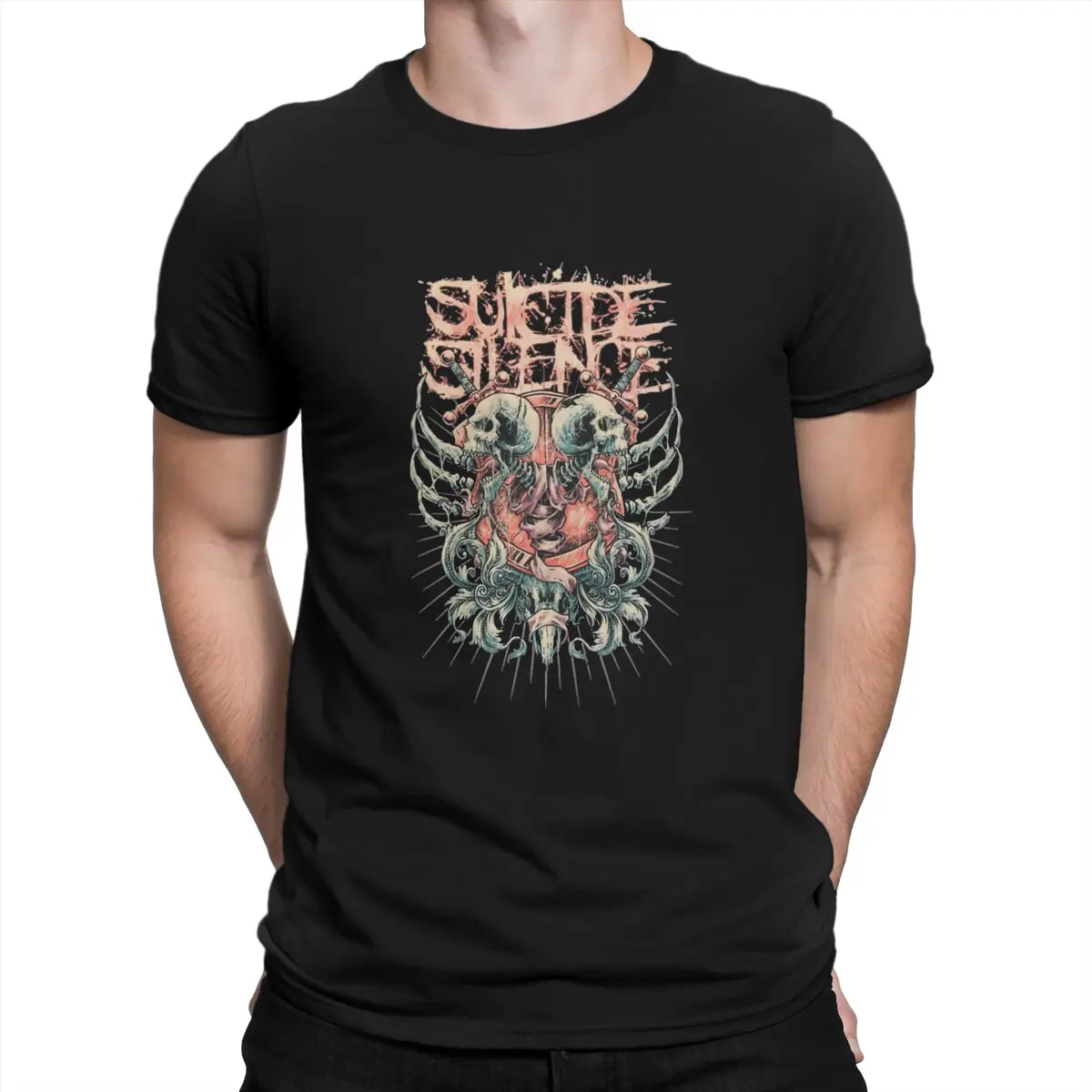 Men T-Shirts Skull Heavy Metal Music Casual Tees Short Sleeve Suicide Silence T Shirts Crew Neck Clothes Printed