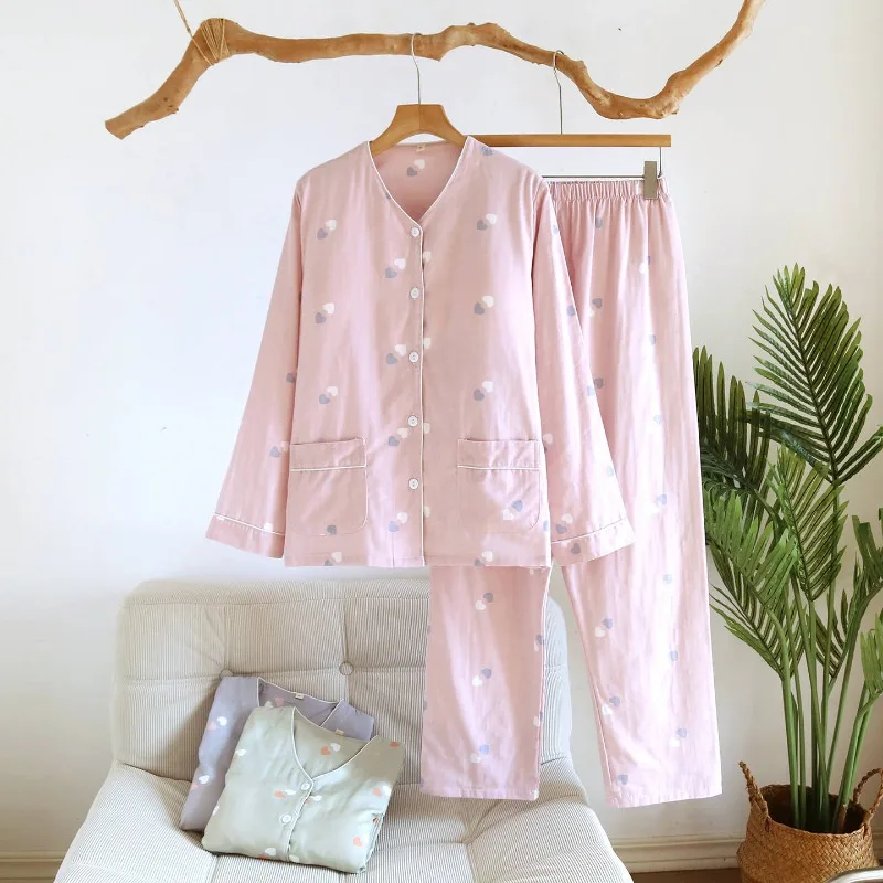 2026 New Women's Spring and Autumn Pajama Set 100% Cotton Gauze Long Sleeve Sweet Thin V-Tie Chest Mat Home Clothes Sleepwear