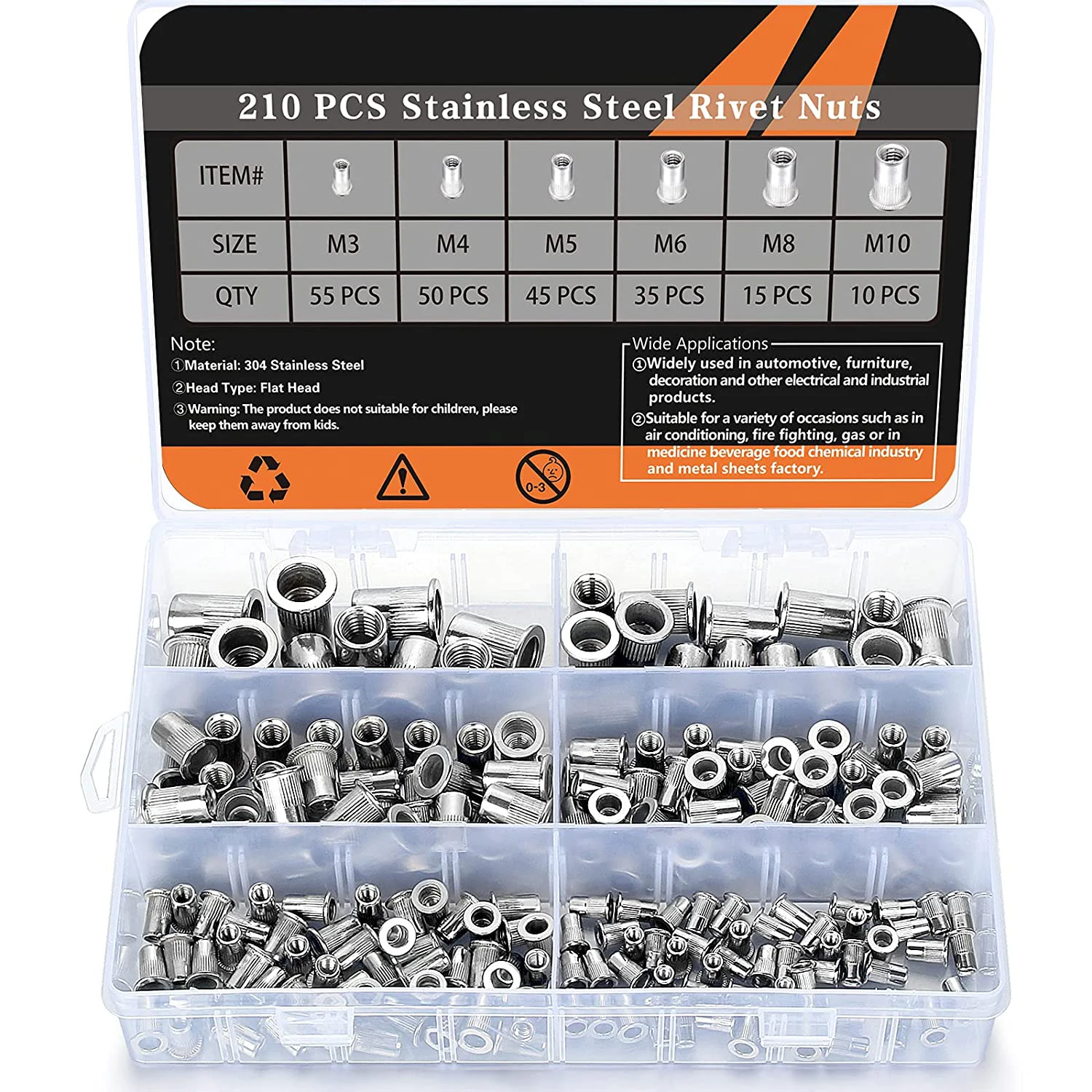 210PCS Stainless Steel Rivet Nut Set, 304 Stainless Steel Rivet Nut Flat Head Threaded Rivet nut Insert Nutsert Assortment Kit