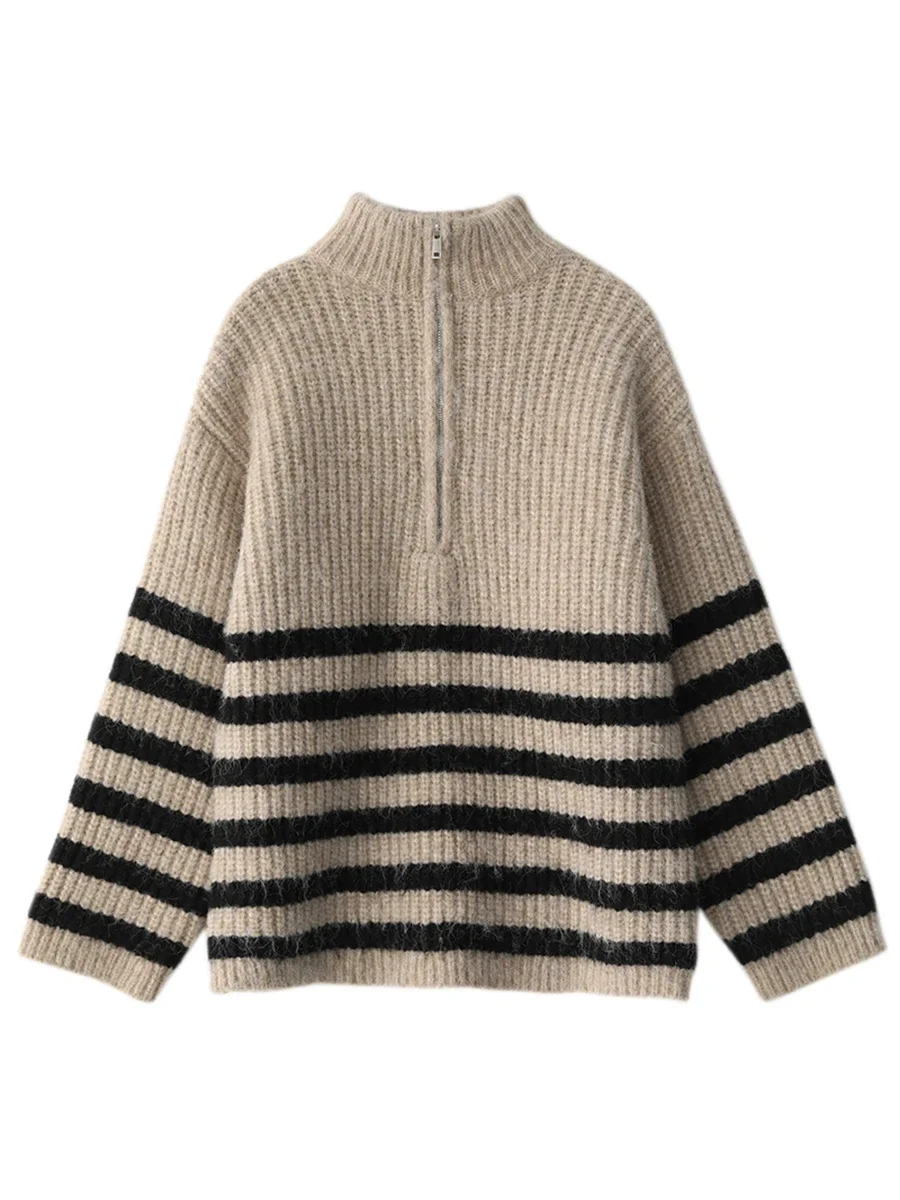 CHIC VEN Women\'s Sweaters Turtleneck Zipper Contrast Stripe Jumpers Thickened Pullovers Warm Female Coat Autumn Winter 2022