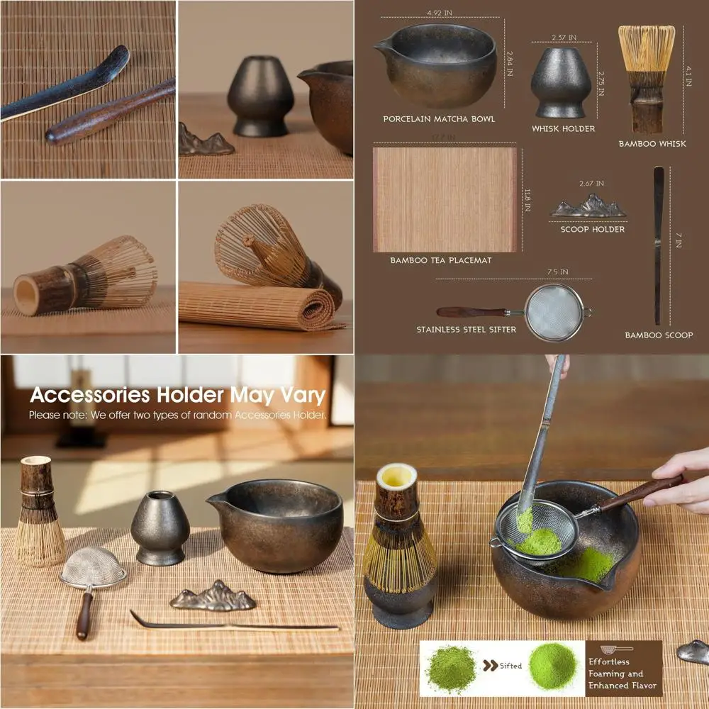 

7-Piece Matcha Set with Ceramic Matcha Bowl, Bamboo Whisk (Chasen) & Holder, Sifter, Tea Scoop & Rest, Special Bamboo Tea Mat -