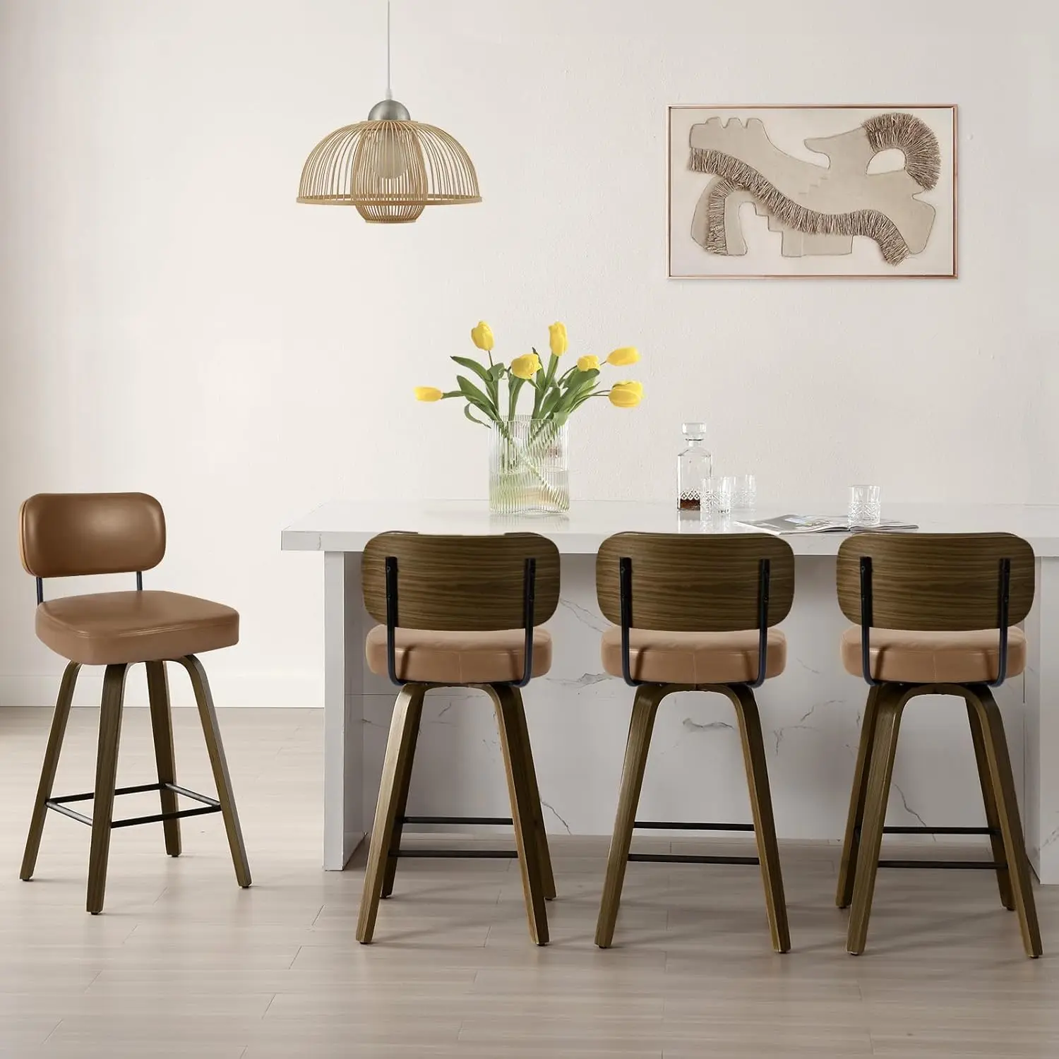 ty-Set of 4 Swivel Counter Height Bar Stools 26'' Upholstered Faux Leather with Back Bent Wood Legs Mid-Century), Customized-