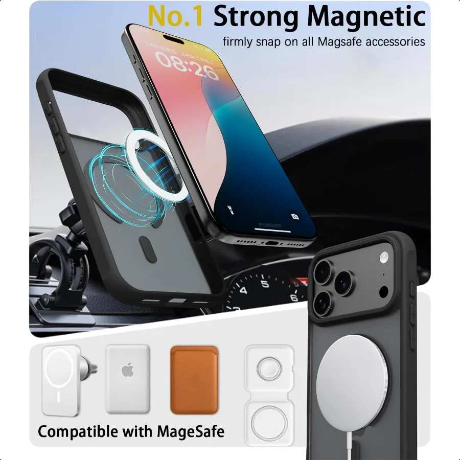 Coque magnétique pour iPhone 17 Pro Max avec 1 protecteur d'écran [Protection contre les chutes MilGrade] [Compatible avec Magsafe] Antichoc Sli