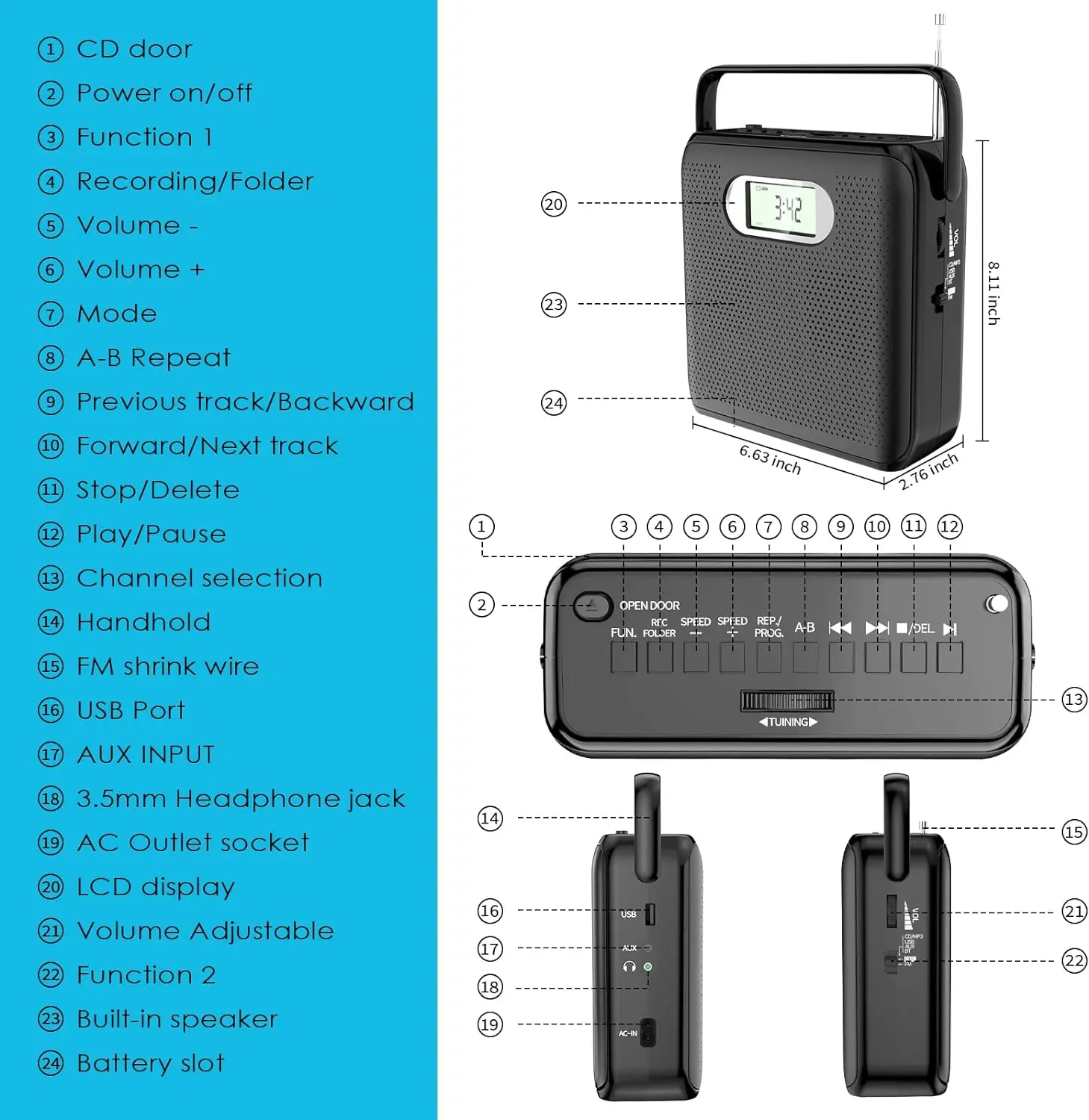 CD Player Portable Bluetooth CD Player with Speakers Boombox CD Walkman FM Radio CD Player for Home with LCD Display Handle Desi