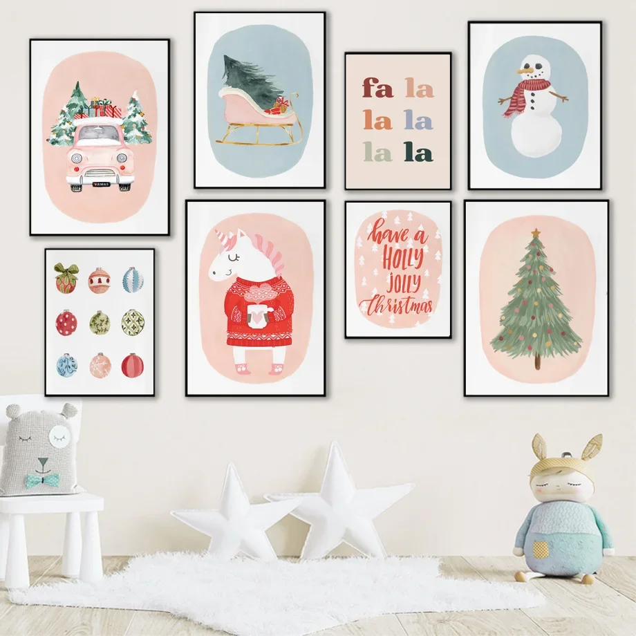 

Cartoon Christmas Holiday Tree Balls Sock Snowman Car Wall Art Canvas Painting Posters And Prints Wall Pictures Kids Room Decor