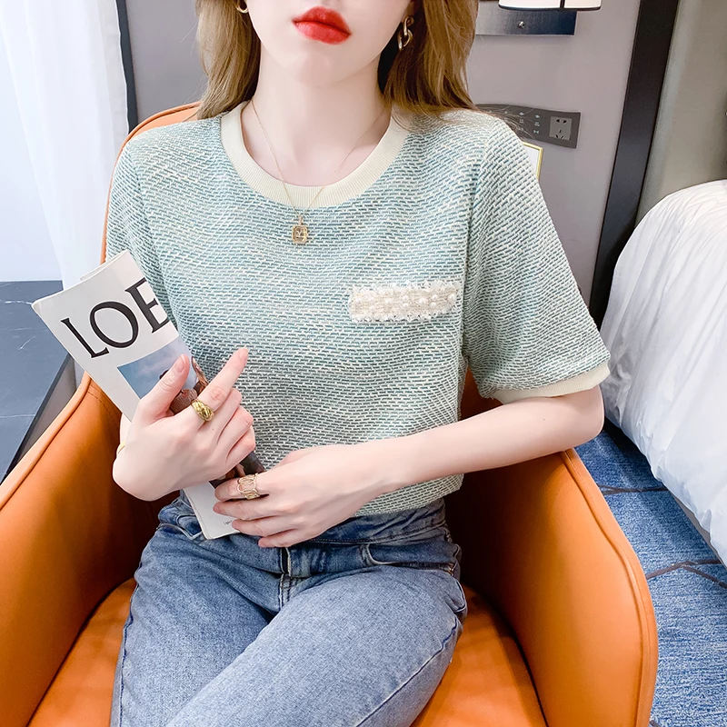 

Summer Women's Cotton Ice Silk Knitted Short Sleeve T-Shirt Loose Fit Breathable Comfortable round Neck Top Fashion Design