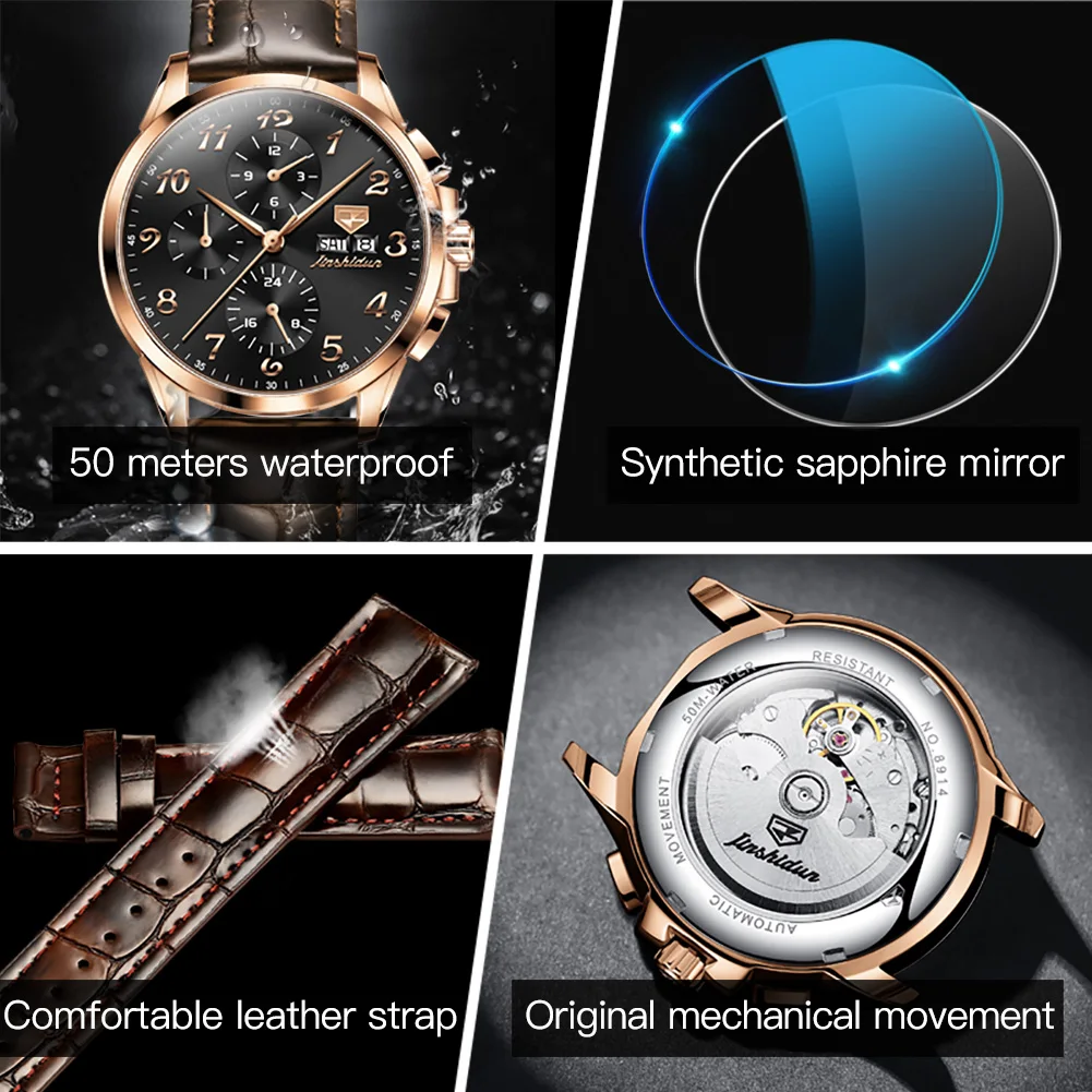 JSDUN 8914 Number Scale Mechanical Watch For Men Sapphire Mirror 42mm Big Dial Wristwatch Waterproof Dual Calendar Man Watches