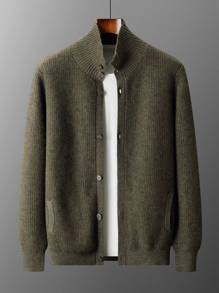 Pure Cashmere Cardigan Sweater Men's Half High Collar Soild Single Breasted Autumn Winter Knit Jacket Thickend Loose Versatile
