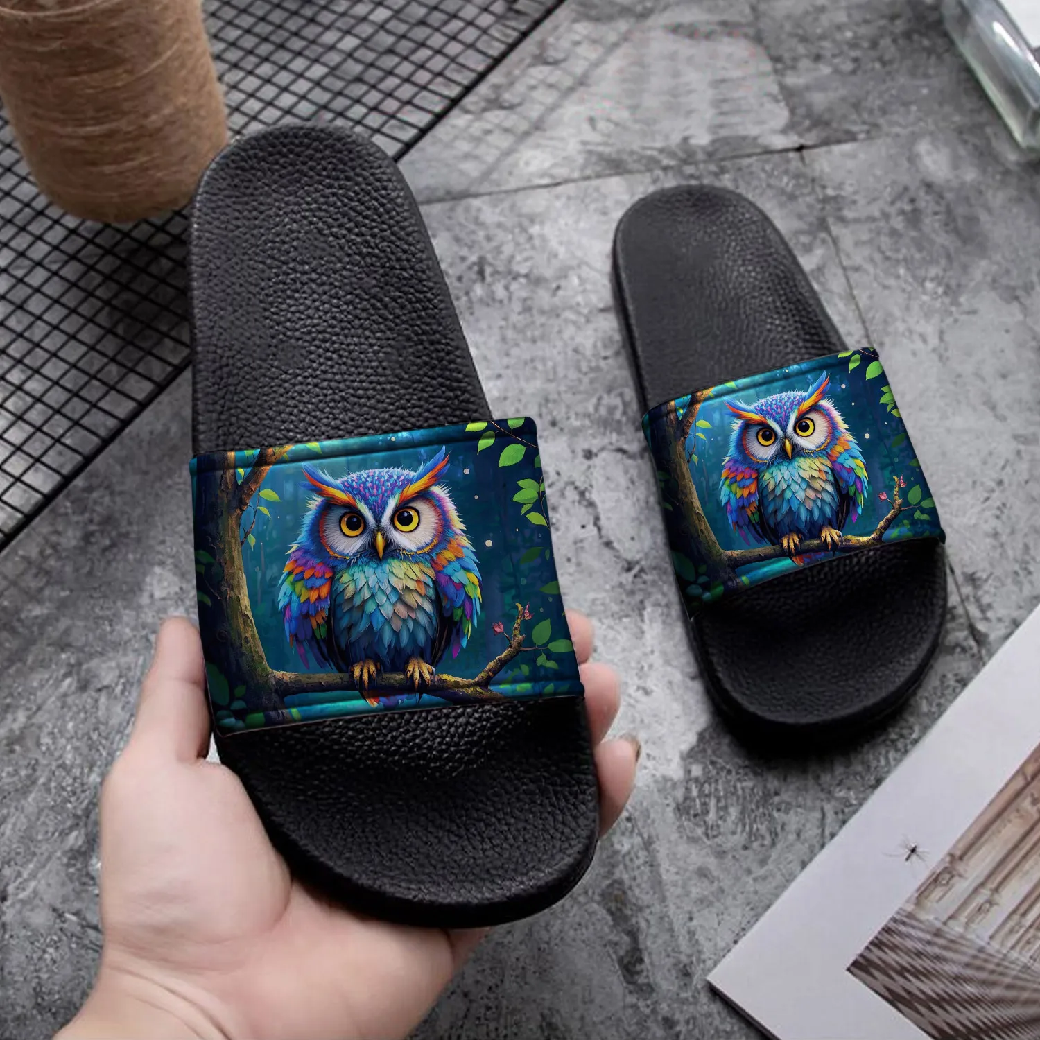 Women's Cute Owl Design PVC Slides - Colorful Animal Pattern, Comfortable Indoor/Outdoor Summer Slippers