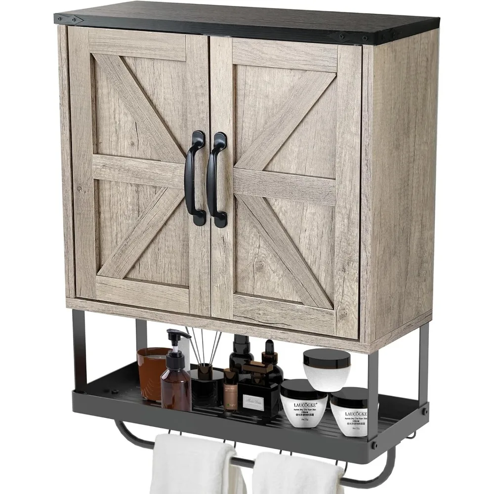 

Bathroom Cabinet Wall Mounted with 2 Barn Door, Wood Medicine Cabinet Organizer with Adjustable Shelf and Towel Bar, Storage Cab