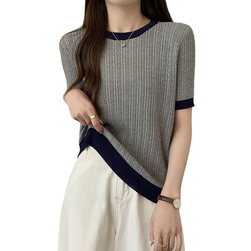 Summer Houndstooth Knit Thin Tops Oversized Pullovers Women Short Sleeve O-neck Sweaters Fashion Chic Sweet Ladies Knitwear 2023