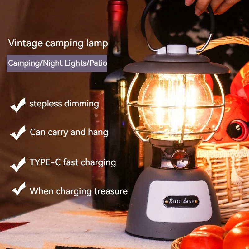 Outdoor New Retro Camping Lamp Multifunctional Camping Lamp Outdoor Rechargeable Portable Lantern Tent Lamp Wholesale Rotary Swi