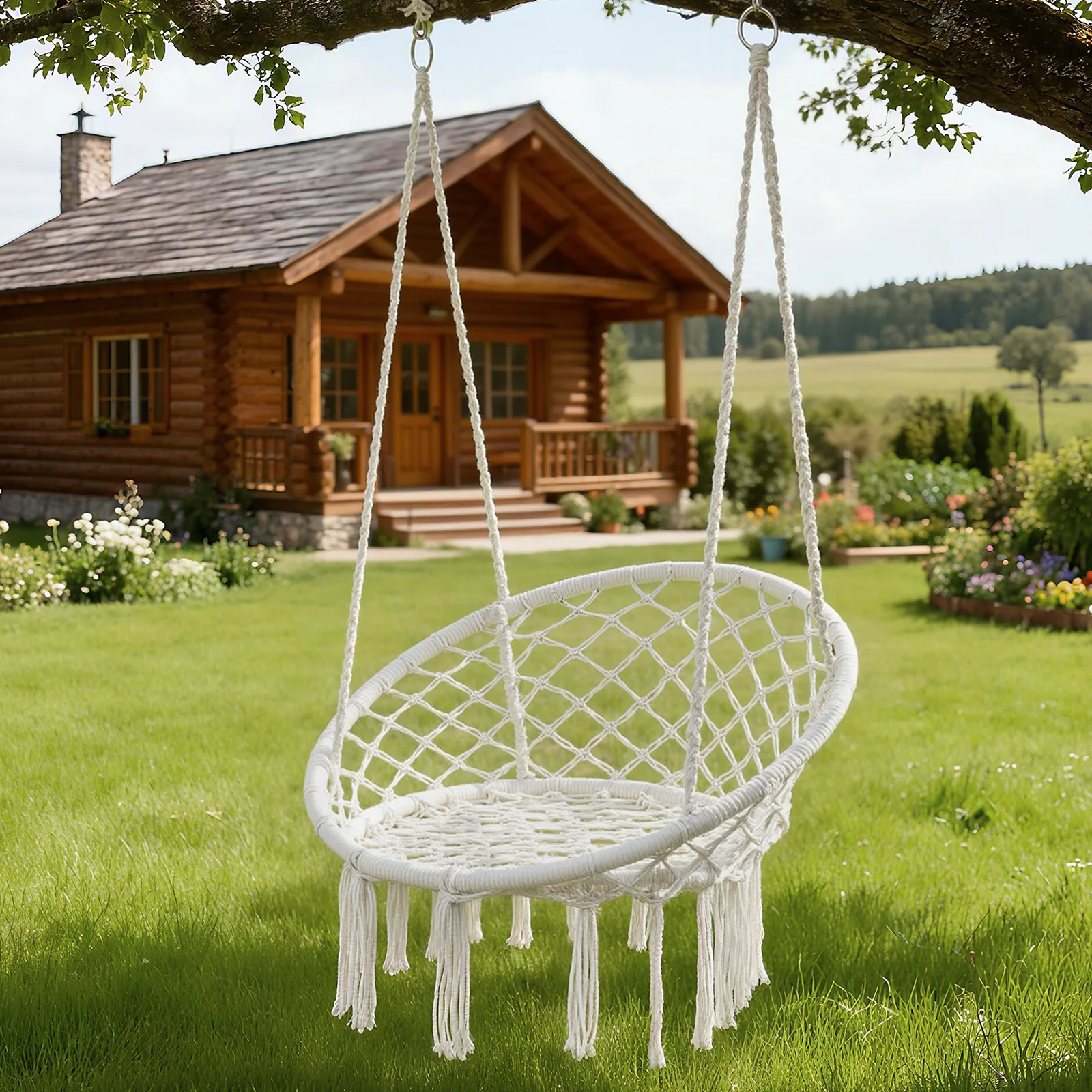 150kg Load Hammock Chair Swing Bohemian Style Hammock Swing Chair with Tassels Hanging Swing Chair Handmade Knitted Cotton Rope
