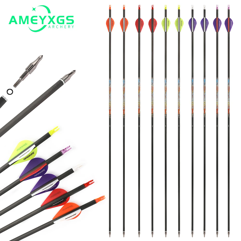 12pcs Archery Pure Carbon Arrow 32.6inch  Practice Hunting Arrows ID 6.2mm Spine 250 -500 for Compound & Recurve Bow Accessory