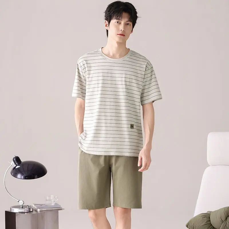 2026 Summer Plus Size  Short Sleeve 100% Cotton Casual Striped Pajama Sets for Men Loose Sleepwear Pyjamas Homewear Home Clothes