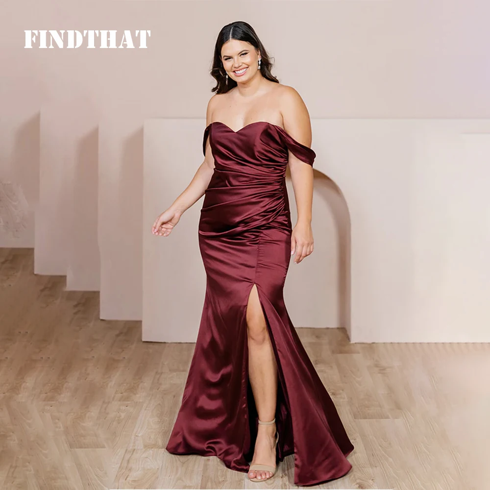 

Findthat Off Shoulder Sweetheart Satin Bridesmaid Dresses for Wedding Ruched Mermaid Evening Party Gown with Slit Floor Length