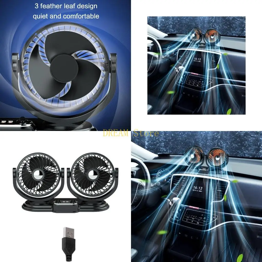 USB 5V Portable Dual for Head Car Fan Air Fan Car Air Conditioner Strong 360 Degree Cooler Car 2 Gears with 2 USB Ports Best