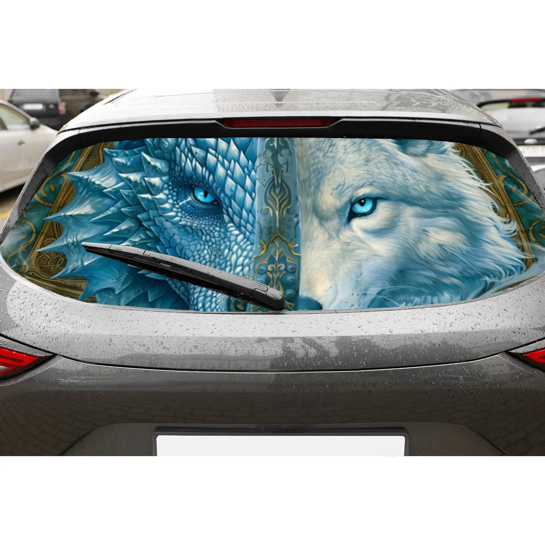 

Dragon Wolf and Sword Print PVC Perforated Car Vinyl Wraps, Durable Car Rear Windshield Sticker, Waterproof Car Rear Window Deca