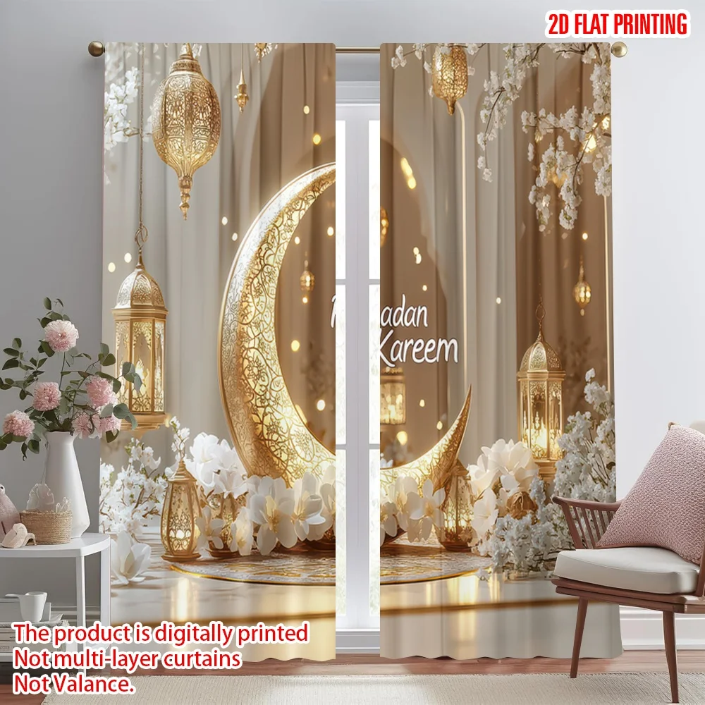 

2D flat printing 2pcs Window Treatment Curtains Ramadan Golden Moon Lanterns Digital Printed Polyester Drapes Festive Wall Decor