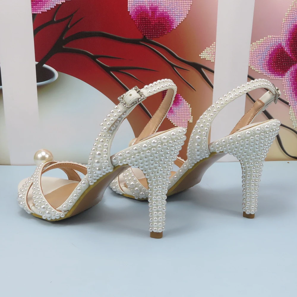 Summer New Arrival White Female Sandals Bridal shoes bag set woman Fashion Thin Heel Big Pearl Girls fashion Sandals party Shoes