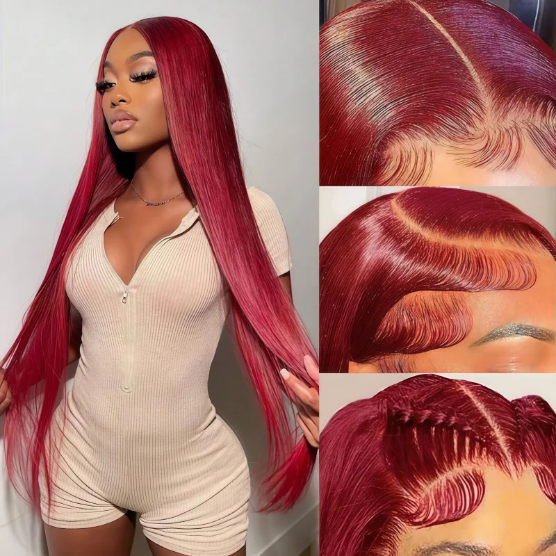 34 Inch 99J Burgundy Straight Brazilian Human Hair Wig 13x4 Transparent Lace Frontal Wig Pre Plucked Natural Hairline Smooth Silky Straight Texture Premium Real Human Hair Wigs Fashion Colored Hairstyle For Women Daily Dating Party And Salon Styling